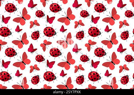 Vivace motivo senza cuciture con coccinelle rosse e farfalle con macchie nere su sfondo bianco che rappresenta la bellezza della natura Illustrazione Vettoriale