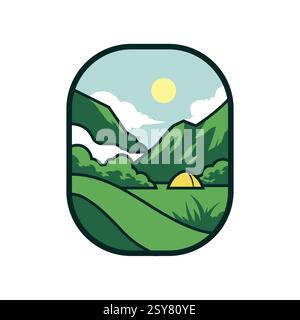 Disegno vettoriale con logo logo per l'avventura all'aperto e in campeggio. Illustrazione Vettoriale