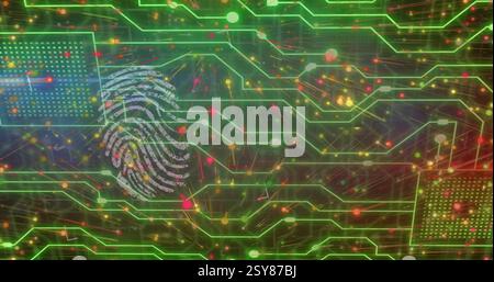 Immagine della rete di connessioni tramite impronta digitale e scheda di circuito del computer su sfondo nero Foto Stock