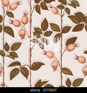 Fiori di rosa selvatica disegnano e disegnano con il puntinismo. Motivo vintage di ramificazione con frutti e foglie di rosehip. Illustrazione Vettoriale