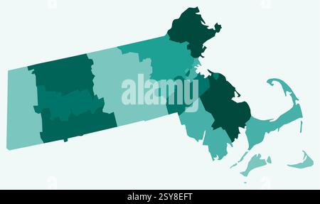 Mappa del Massachusetts con le contee. Solo una semplice mappa del confine di stato con la divisione della contea. Tavolozza dei colori ottanio. Illustrazione Vettoriale