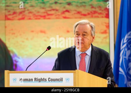 Ginevra, Svizzera - 24 febbraio 2025: Il Segretario generale delle Nazioni Unite Antonio Guterres affronta il segmento di alto livello della 58a sessione dei diritti umani Foto Stock