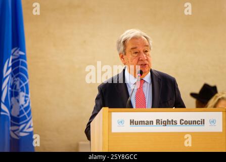 Ginevra, Svizzera - 24 febbraio 2025: Il Segretario generale delle Nazioni Unite Antonio Guterres affronta il segmento di alto livello della 58a sessione dei diritti umani Foto Stock