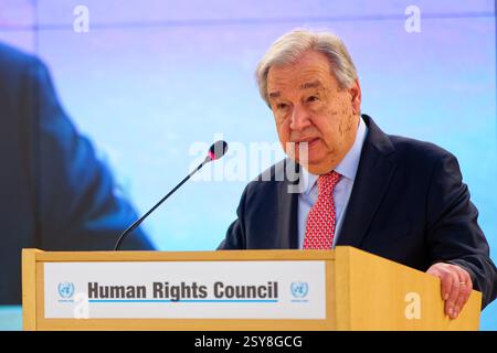 Ginevra, Svizzera - 24 febbraio 2025: Il Segretario generale delle Nazioni Unite Antonio Guterres affronta il segmento di alto livello della 58a sessione dei diritti umani Foto Stock