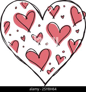 Forma del cuore piena di cuori e scarabocchi rossi disegnati a mano, stile disegnato, isolato su sfondo bianco, concetto di amore e romanticismo. San Valentino Illustrazione Vettoriale