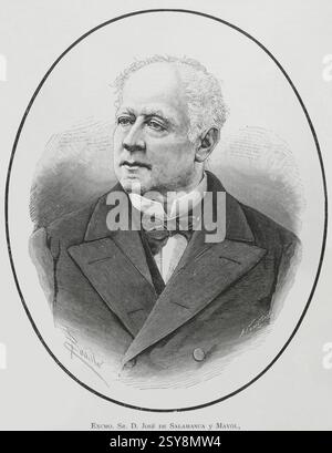 José de Salamanca y Mayol (1811-1883), i marchese di Salamanca e i conte di los Llanos. Aristocratico spagnolo, uomo d'affari e politico. Promotore delle prime linee ferroviarie spagnole. Verticale. Disegno di Badillo. Incisione di Arturo Carretero (1852-1903). La Ilustración Española y americana (The Spanish and American Illustration), 1883. Foto Stock
