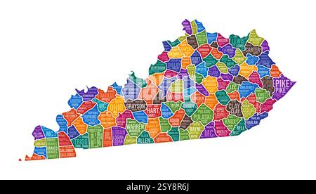 A forma di Kentucky. State Word cloud con divisione contea. Illustrazione a colori Kentucky. I nomi delle contee sono nubi. Illustrazione vettoriale. Illustrazione Vettoriale