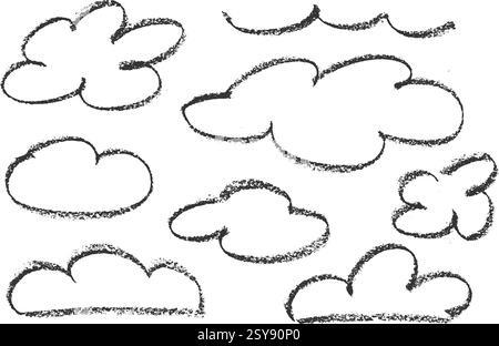 Set di nuvole disegnate con pastelli in stile per bambini. Icone ingenue per bambini isolate su sfondo bianco. Carino gesso disegnato simboli di schizzo del cielo. Ruvido Illustrazione Vettoriale