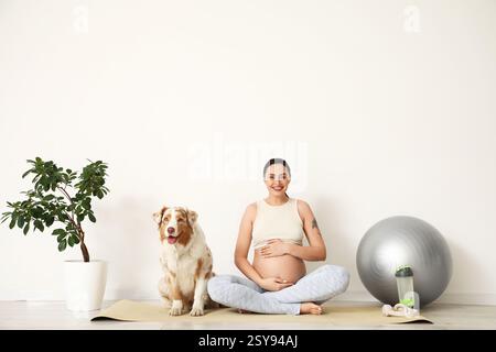 Giovane donna incinta, felice e sportiva, con un simpatico cane da pastore australiano e una palla fitness seduta a casa Foto Stock