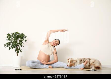 Giovane felice donna incinta sportiva con carino cane pastore australiano che pratica yoga a casa Foto Stock