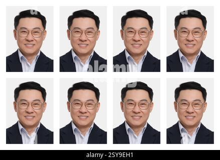 Foto di un uomo per passaporto o altro documento su sfondo bianco, set Foto Stock