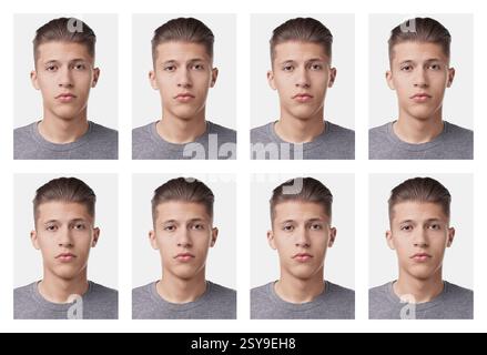 Foto di un uomo per passaporto o altro documento su sfondo bianco, set Foto Stock