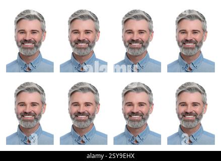 Foto di un uomo per passaporto o altro documento su sfondo bianco, set Foto Stock