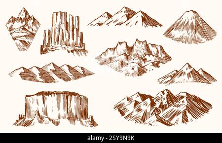 set di diverse vette e distintivi di colline. illustrazioni disegnate a mano di montagne innevate e rocciose del mondo. per badge, bottiglie d'acqua e. Illustrazione Vettoriale