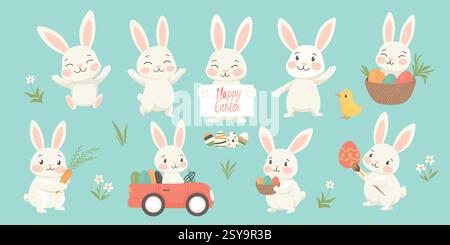 Carino set vettoriale coniglietto pasquale, conigli che tengono le uova, guidano un'auto, giocano con i pulcini, reggono un cartello. Clipart coniglietto di Pasqua per carte, adesivi Illustrazione Vettoriale