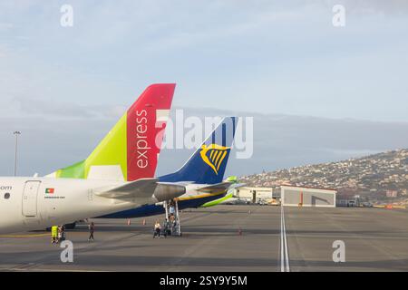 Madeira, Portogallo - 06.10.2024: Aereo da TAP - Air Portugal e Ryanair - all'aeroporto di Funchal Cristiano Ronaldo. Isola di Madeira, Portogallo Foto Stock