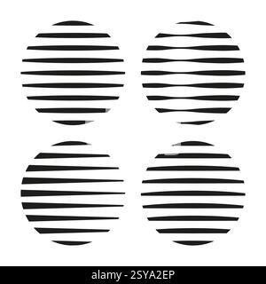 Quattro cerchi con strisce nere mutevoli. Moderno effetto ottico. Stile vettoriale minimalista. Illustrazione Vettoriale