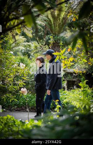 Una coppia più anziana gode di una tranquilla passeggiata attraverso un lussureggiante giardino botanico circondato da vegetazione tropicale e fiori primaverili, il Golden Gate Park, SF, CA Foto Stock