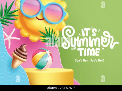 Design del poster clipart del podio estivo. Clip art con testo di benvenuto durante l'estate con carattere solare ed elementi di carta colorati su sfondo verde Illustrazione Vettoriale