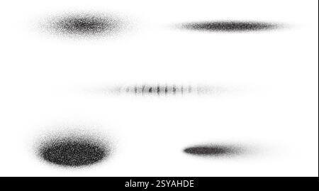 Ombreggiature vettoriali circolari con texture a disturbo granuloso. Sfumature nere rotonde isolate su sfondo bianco. Set di forme a stipite tratteggiate. Spruzzare la vernice morbida e polverosa Illustrazione Vettoriale