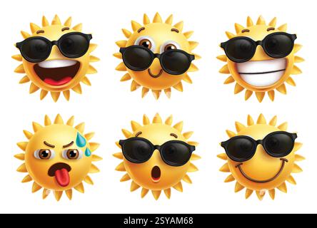 Occhiali da sole emoji personaggi clipart set. Clip art per il viso con emoji estive e collezione di occhiali da sole per illustrazione vettoriale con design emoticon. Illustrazione Vettoriale