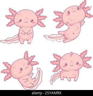 Graziosa collezione di axolotl rosa. Isolata piccola mascotte personaggio kawaii animale. Illustrazione vettoriale. Illustrazione Vettoriale