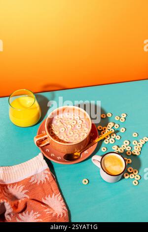 Vista dall'alto di una vivace colazione con una ciotola di cereali con latte, un bicchiere di succo d'arancia e una tazza di caffè, collocata su un tavolo bicolore. Foto Stock