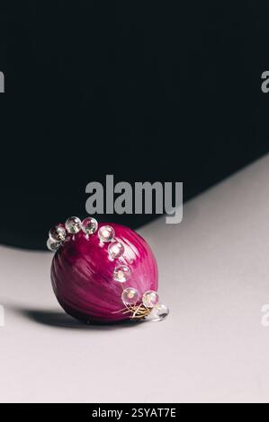Fotografia creativa di cipolla rossa su sfondo nero e grigio. Sfondi di moda e gioielli. Fotografia artistica. Raffinata arte culinaria nell'immagine. Conce Foto Stock