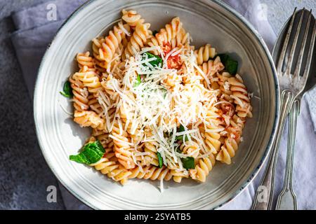 Una ciotola di appetitosa pasta di cavatappi condita con formaggio grattugiato, spinaci freschi e salsa di pomodoro piccante. Il piatto è splendidamente placcato e presenta vib Foto Stock