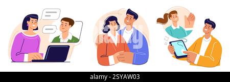 Donna che chatta durante gli incontri online. Coppia innamorata, giovane famiglia. Man utilizza l'app mobile per la comunicazione. Rapporto Illustrazione Vettoriale