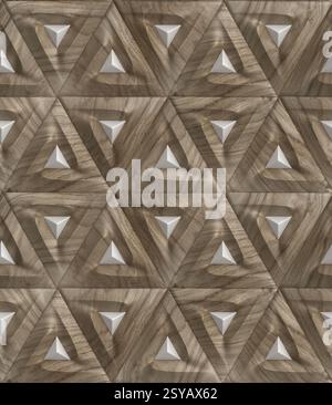 Questa illustrazione 3D mostra un motivo geometrico con forme triangolari con una trama in legno. Ideale per il design della carta da parati, combina un aes moderno Foto Stock