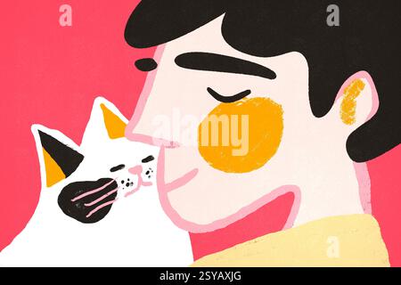 Un'illustrazione commovente che raffigura una tenera interazione tra un uomo e il suo amato gatto, caratterizzata da opere d'arte moderne e stilizzate in un vivace colle Foto Stock