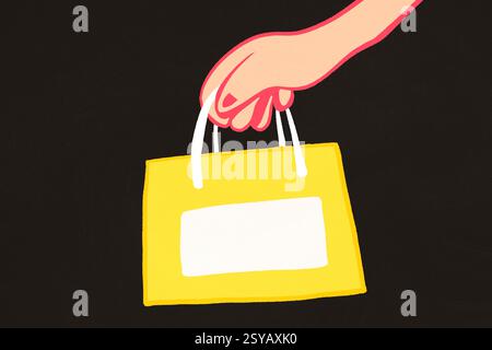 Illustrazione stilizzata di una mano che afferra le maniglie di una borsa della spesa gialla, con un'etichetta bianca vuota per il testo personalizzato. Foto Stock