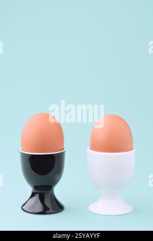 Un'immagine minimalista di due uova marroni conservate in tazze bianche e nere a contrasto, poste su un morbido sfondo blu, che enfatizza la semplicità e il colore Foto Stock