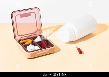 Un organizer per pillole aperto trasparente con capsule colorate e compresse su sfondo di pesca, accanto a un flacone di pillola bianco. Rappresenta la salute, l'organizzazione, un Foto Stock
