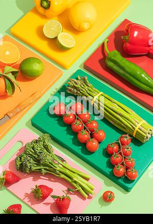 Una vivace mostra di frutta e verdura fresca assortita, tra cui pomodori, asparagi e agrumi su taglieri colorati, che mostrano hea Foto Stock