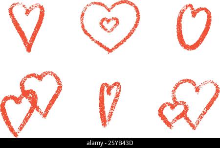 Set cuore in pastello rosso con texture grunge Illustrazione Vettoriale