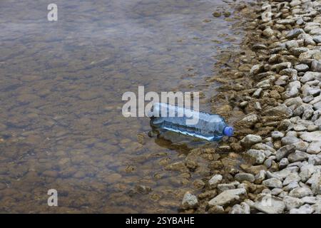 Inquinamento ambientale, bottiglia di plastica lavata sulla riva del lago, Austria, Europa Foto Stock