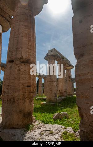 L'interno o 'naos' del primo Tempio di Hera, conosciuto anche come la Basilica, un antico tempio greco costruito intorno al 550 a.C. a Paestum, in Italia Foto Stock