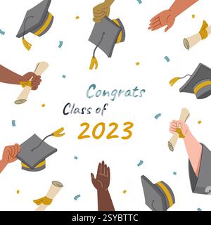 La classe di laurea del 2023 si congratula con il disegno di carte con le mani degli studenti che tirano su cappelli e diplomi Illustrazione Vettoriale