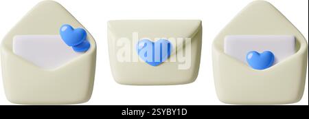 I cuori blu 3D sull'emoji delle buste impostano icone minime per messaggi o messaggi per padre o ragazzo Illustrazione Vettoriale