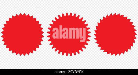 Set vettoriale di badge rosso con stelle e raggi solari. Adesivi ed etichette sui prezzi di vendita Illustrazione Vettoriale