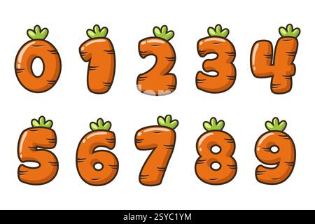 Numeri carini. Cartone animato di numeri con un concetto vegetale. Calligrafia, lettere, tipografia per le carte o il gioco Education Illustrazione Vettoriale