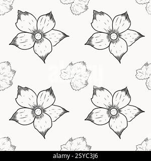 Motivo vettoriale senza cuciture con fiori e foglie. Grafica disegnata a mano su sfondo bianco. Per la stampa, il tessuto, il design. Illustrazione Vettoriale