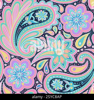 Motivo senza cuciture Paisley Vector con motivo floreale rosa. Intricata sofisticata e stravagante illustrazione astratta colorata su sfondo scuro alla moda del tramonto futuro Illustrazione Vettoriale