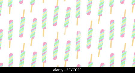 Motivo a righe arcobaleno su bastoncino senza cuciture in tonalità morbide e alla moda. Sfondo del giorno del gelato. Sfondo per illustrazioni vettoriali isolate, carta da imballaggio tematica o banner promozionale Web, opuscoli, etichette Illustrazione Vettoriale