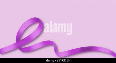 Nastro viola su sfondo rosa. Design della testata per la giornata della donna. Banner romantico per promozioni o siti Web sui social media. Foto Stock