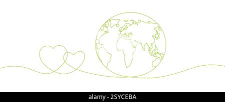 Linea minimalista continua che disegna un cuore che abbraccia la Terra con una mappa del mondo, simboleggiando l'amore Illustrazione Vettoriale