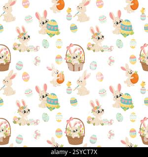 : Un divertente e colorato motivo senza cuciture con coniglietti, pulcini e uova decorative. Ideale per confezioni, tessuti e disegni di carte. Illustrazione Vettoriale