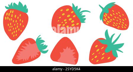 Fragole colorate con foglie verdi in vari stili e design su sfondo bianco Illustrazione Vettoriale